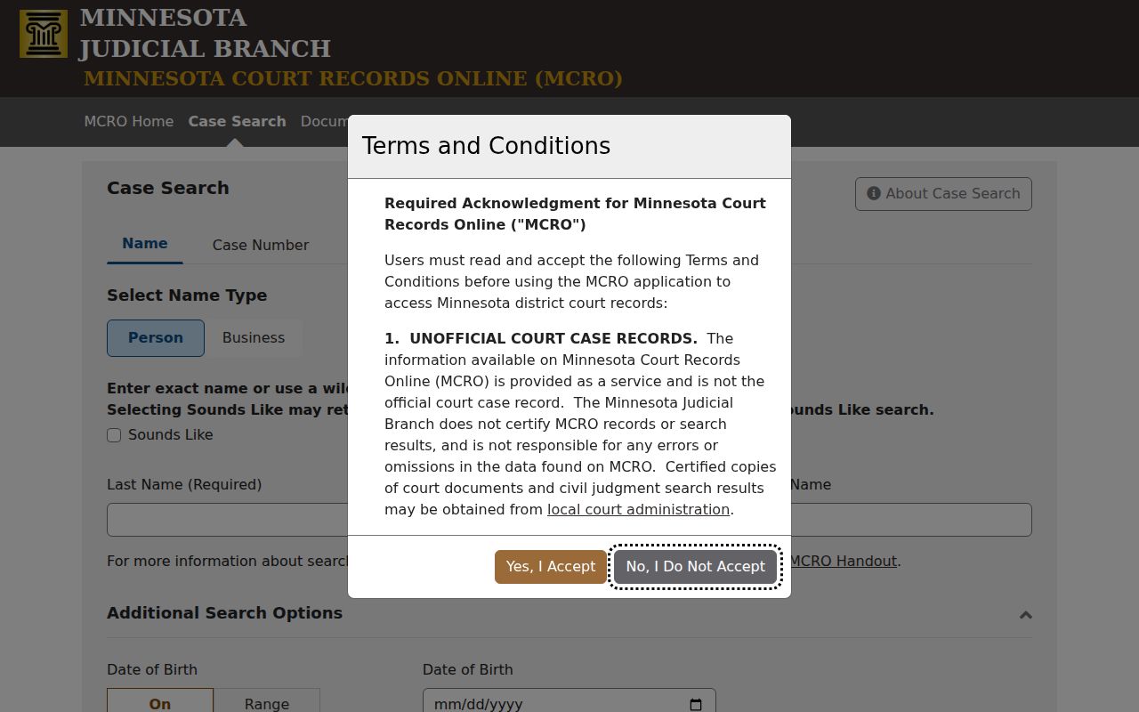 Kanabec County case lookup using the MCRO Case Search form