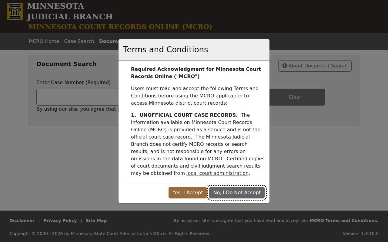 Kanabec County case lookup through the MCRO Document Search page