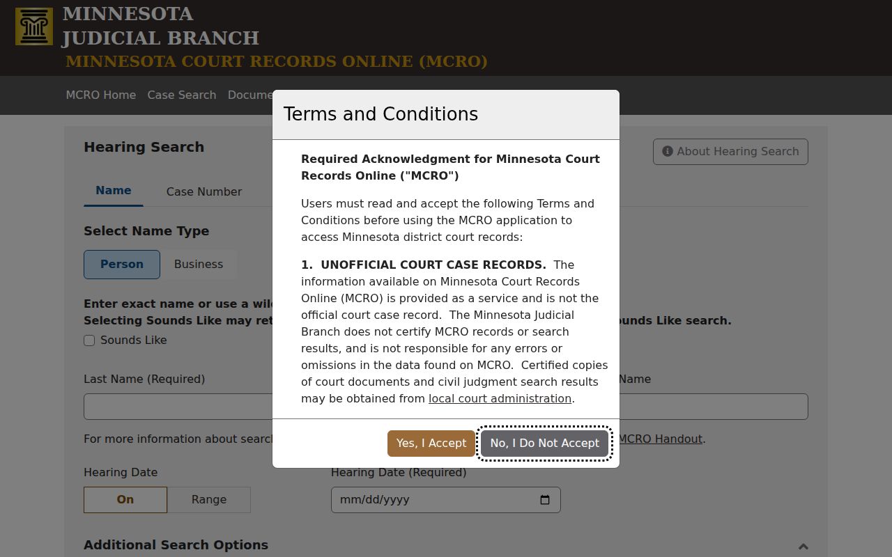Kanabec County case lookup using the MCRO Hearing Search page