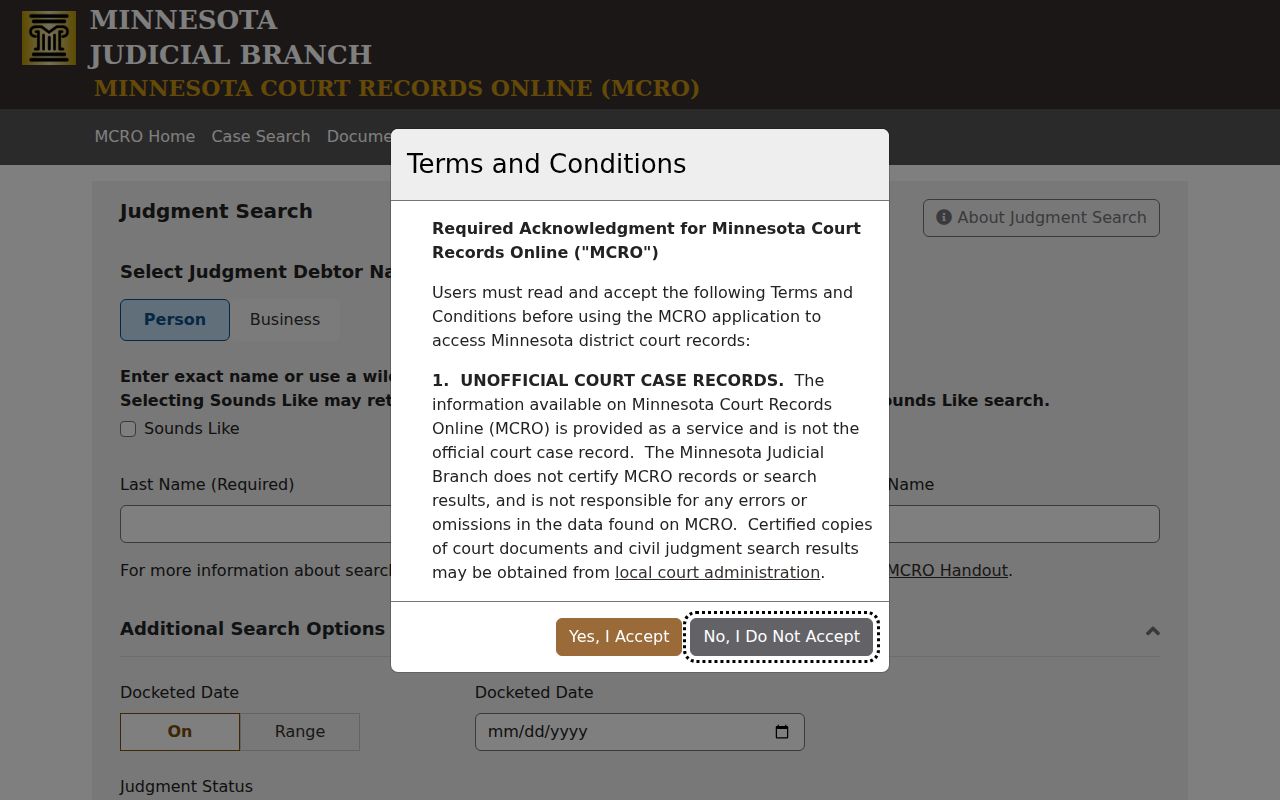 Kanabec County case lookup through the MCRO Judgment Search page