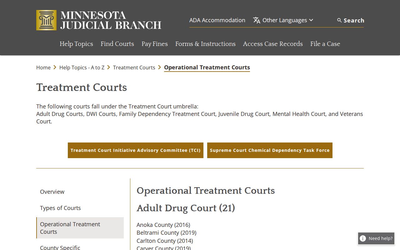 Kanabec County civil docket context for Minnesota treatment court programs