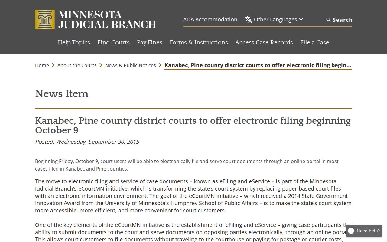 Kanabec court records electronic filing notice